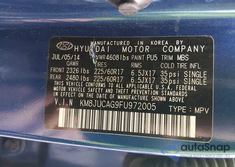 2015 Hyundai Tucson Se из США, поврежденный, VIN KM8JUCAG9FU972005